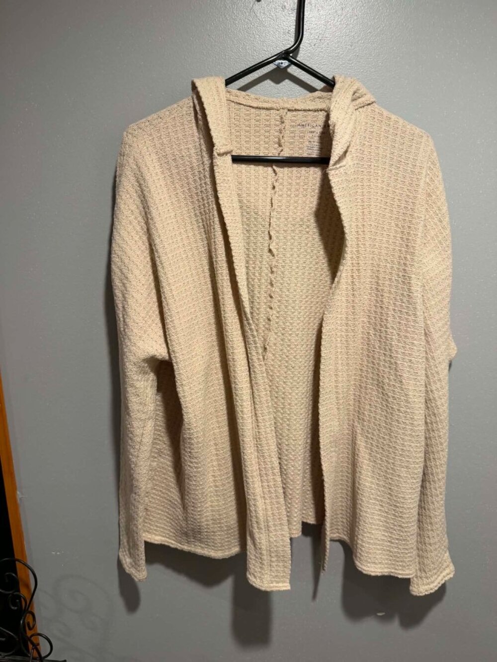American Eagle Outfitters Cream Waffle-Knit Hooded Cardigan